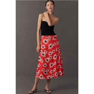Anthropologie Red Daisy Floral Wrap Midi Skirt M